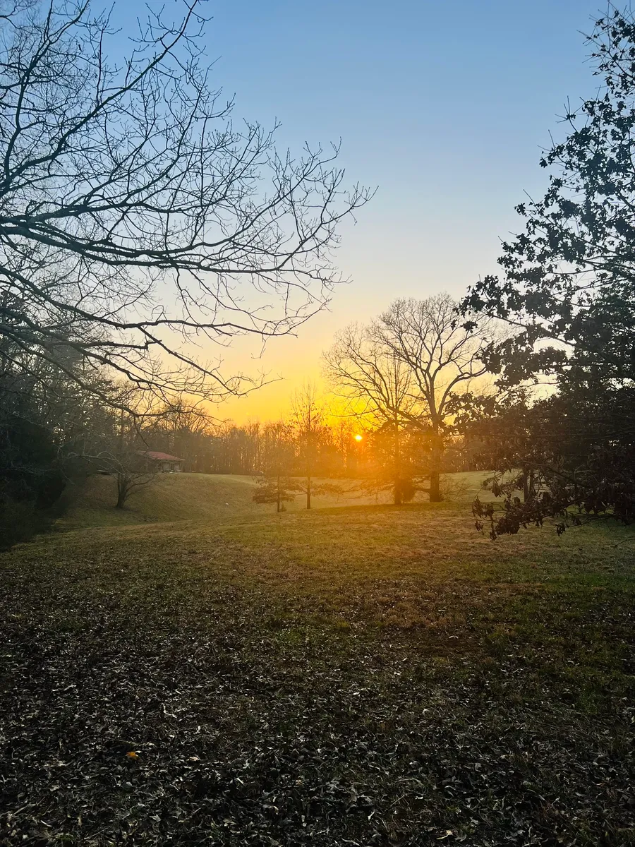 Looking back toward the barn from the field as the sun sets