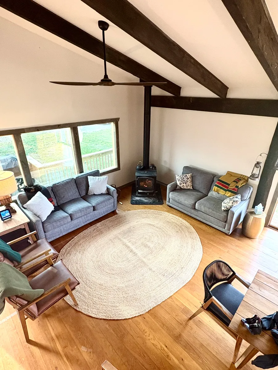 The barn's common room seen from the loft above